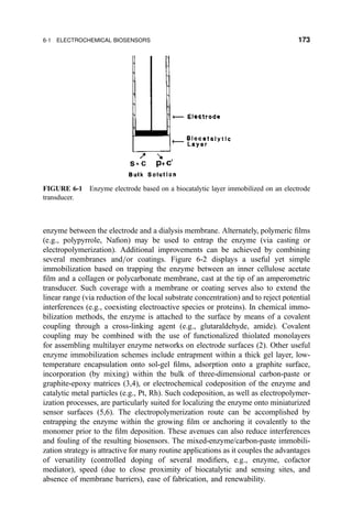 enzyme between the electrode and a dialysis membrane. Alternately, polymeric ®lms
(e.g., polypyrrole, Na®on) may be used to entrap the enzyme (via casting or
electropolymerization). Additional improvements can be achieved by combining
several membranes and=or coatings. Figure 6-2 displays a useful yet simple
immobilization based on trapping the enzyme between an inner cellulose acetate
®lm and a collagen or polycarbonate membrane, cast at the tip of an amperometric
transducer. Such coverage with a membrane or coating serves also to extend the
linear range (via reduction of the local substrate concentration) and to reject potential
interferences (e.g., coexisting electroactive species or proteins). In chemical immo-
bilization methods, the enzyme is attached to the surface by means of a covalent
coupling through a cross-linking agent (e.g., glutaraldehyde, amide). Covalent
coupling may be combined with the use of functionalized thiolated monolayers
for assembling multilayer enzyme networks on electrode surfaces (2). Other useful
enzyme immobilization schemes include entrapment within a thick gel layer, low-
temperature encapsulation onto sol-gel ®lms, adsorption onto a graphite surface,
incorporation (by mixing) within the bulk of three-dimensional carbon-paste or
graphite-epoxy matrices (3,4), or electrochemical codeposition of the enzyme and
catalytic metal particles (e.g., Pt, Rh). Such codeposition, as well as electropolymer-
ization processes, are particularly suited for localizing the enzyme onto miniaturized
sensor surfaces (5,6). The electropolymerization route can be accomplished by
entrapping the enzyme within the growing ®lm or anchoring it covalently to the
monomer prior to the ®lm deposition. These avenues can also reduce interferences
and fouling of the resulting biosensors. The mixed-enzyme/carbon-paste immobili-
zation strategy is attractive for many routine applications as it couples the advantages
of versatility (controlled doping of several modi®ers, e.g., enzyme, cofactor
mediator), speed (due to close proximity of biocatalytic and sensing sites, and
absence of membrane barriers), ease of fabrication, and renewability.
FIGURE 6-1 Enzyme electrode based on a biocatalytic layer immobilized on an electrode
transducer.
6-1 ELECTROCHEMICAL BIOSENSORS 173
 