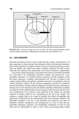 6-2 GAS SENSORS
Real-time monitoring of gases, such as carbon dioxide, oxygen, and ammonia, is of
great importance in many practical environmental, clinical, and industrial situations.
Gas-sensing electrodes are highly selective devices for measuring dissolved gases.
They are reliable and simple and exhibit excellent selectivity, but tend to have
relatively slow response times (particularly as the limit of detection is approached).
Gas sensors usually incorporate a conventional ion-selective electrode surrounded
by a thin ®lm of an intermediate electrolyte solution and enclosed by a gas-
permeable membrane. An internal reference electrode is usually included, so that
the sensor represents a complete electrochemical cell. The gas of interest in the
sample solution diffuses through the membrane and comes to equilibrium with the
internal electrolyte solution. In the internal compartment, between the membrane
and the ion-selective electrode, the gas undergoes a chemical reaction, consuming or
forming an ion to be detected by the ion-selective electrode. (Protonation equilibria
in conjunction with a pH electrode are most common.) Since the local activity of this
ion is proportional to the amount of gas dissolved in the sample, the electrode
response is directly related to the concentration of the gas in the sample. The
response is usually linear over a range of typically four orders of magnitude; the
upper limit is determined by the concentration of the inner electrolyte solution. The
permeable membrane is the key to the electrode's gas selectivity. Two types of
polymeric material, microporous and homogeneous, are used to form the gas-
permeable membrane. Typically, such hydrophobic membranes are 0.01±0.1 mm
thick and are impermeable to water or ions. Hence, gas-sensing probes exhibit
Ground
Reference
Nerve fibers
Antennule Sensing tip
FIGURE 6-16 Neuronal sensing: top view of a ¯ow cell with mounted antennule and the
various electrode connections. (Reproduced with permission from reference 52.)
188 ELECTROCHEMICAL SENSORS
 