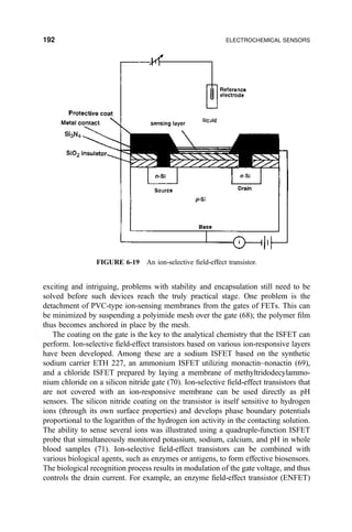 exciting and intriguing, problems with stability and encapsulation still need to be
solved before such devices reach the truly practical stage. One problem is the
detachment of PVC-type ion-sensing membranes from the gates of FETs. This can
be minimized by suspending a polyimide mesh over the gate (68); the polymer ®lm
thus becomes anchored in place by the mesh.
The coating on the gate is the key to the analytical chemistry that the ISFET can
perform. Ion-selective ®eld-effect transistors based on various ion-responsive layers
have been developed. Among these are a sodium ISFET based on the synthetic
sodium carrier ETH 227, an ammonium ISFET utilizing monactin±nonactin (69),
and a chloride ISFET prepared by laying a membrane of methyltridodecylammo-
nium chloride on a silicon nitride gate (70). Ion-selective ®eld-effect transistors that
are not covered with an ion-responsive membrane can be used directly as pH
sensors. The silicon nitride coating on the transistor is itself sensitive to hydrogen
ions (through its own surface properties) and develops phase boundary potentials
proportional to the logarithm of the hydrogen ion activity in the contacting solution.
The ability to sense several ions was illustrated using a quadruple-function ISFET
probe that simultaneously monitored potassium, sodium, calcium, and pH in whole
blood samples (71). Ion-selective ®eld-effect transistors can be combined with
various biological agents, such as enzymes or antigens, to form effective biosensors.
The biological recognition process results in modulation of the gate voltage, and thus
controls the drain current. For example, an enzyme ®eld-effect transistor (ENFET)
FIGURE 6-19 An ion-selective ®eld-effect transistor.
192 ELECTROCHEMICAL SENSORS
 