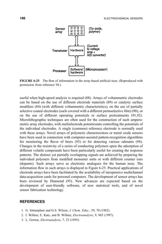 useful when high-speed analysis is required (88). Arrays of voltammetric electrodes
can be based on the use of different electrode materials (89) or catalytic surface
modi®ers (84) (with different voltammetric characteristics), on the use of partially
selective coated electrodes (each covered with a different permselective ®lm) (90), or
on the use of different operating potentials or surface pretreatments (91,92).
Microlithographic techniques are often used for the construction of such ampero-
metric array electrodes, with multielectrode potentiostats controlling the potentials of
the individual electrodes. A single (common) reference electrode is normally used
with these arrays. Novel arrays of polymeric chemoresistors or metal oxide sensors
have been used in connection with computer-assisted pattern-recognition algorithms
for monitoring the ¯avor of beers (93) or for detecting various odorants (94).
Changes in the resistivity of a series of conducting polymers upon the adsorption of
different volatile compounds have been particularly useful for creating the response
patterns. The distinct yet partially overlapping signals are achieved by preparing the
individual polymers from modi®ed monomer units or with different counter ions
(dopants). Such arrays serve as electronic analogues for the human nose. The
information ¯ow in such arrays is displayed in Figure 6-25. Practical applications of
electrode arrays have been facilitated by the availability of inexpensive multichannel
data-acquisition cards for personal computers. The development of sensor arrays has
been reviewed by Diamond (95). New advances are expected based on the
development of user-friendly software, of new statistical tools, and of novel
sensor fabrication technology.
REFERENCES
1. G. Sittamplam and G.S. Wilson, J. Chem. Educ., 59, 70 (1982).
2. I. Willner, E. Katz, and B. Willner, Electroanalysis, 9, 965 (1997).
3. L. Gorton, Electroanalysis, 7, 23 (1995).
FIGURE 6-25 The ¯ow of information in the array-based arti®cial nose. (Reproduced with
permission from reference 94.)
198 ELECTROCHEMICAL SENSORS
 
