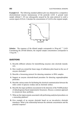 Example 6-2 The following standard addition plot was obtained for a competitive
electrochemical enzyme immunoassay of the pesticide 2,4-D. A ground water
sample (diluted 1 : 20 was subsequently assayed by the same protocol to yield a
current signal of 65 nA. Calculate the concentration of 2,4-D in the original sample.
Solution The response of the diluted sample corresponds to 50 ng mLÀ1
2,4-D.
Considering the 20-fold dilution, the original sample concentration corresponds to
1.0 mg mLÀ1
.
QUESTIONS
1. Describe different schemes for immobilizing enzymes onto electrode transdu-
cers.
2. How would you extend the linear range of calibration plots based on the use of
enzyme electrodes?
3. Describe a biosensing protocol for detecting mutations in DNA samples.
4. Suggest an enzyme electrode-based procedure for detecting organophosphate
pesticides.
5. Describe various routes for facilitating the electrical communication between the
redox center of glucose oxidase and an electrode surface.
6. Describe the major problems encountered in the detection of the NADH product
of dehydrogenase-based amperometric biosensors. Discuss a common approach
to circumvent these problems.
7. What are the improvements associated with performing analytical procedures on
a microchip platform?
8. Give example of an enzyme electrode based on an ion-selective electrode
transducer. What is the relationship between the substrate concentration and the
potential response?
202 ELECTROCHEMICAL SENSORS
 