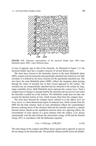 of ions of opposite sign to that of the electrode. As illustrated in Figure 1-11 the
electrical double layer has a complex structure of several distinct parts.
The inner layer (closest to the electrode), known as the inner Helmholtz plane
(IHP), contains solvent molecules and speci®cally adsorbed ions (which are not fully
solvated). It is de®ned by the locus of points for the speci®cally adsorbed ions. The
next layer, the outer Helmholtz plane (OHP), re¯ects the imaginary plane passing
through the center of solvated ions at their closest approach to the surface. The
solvated ions are nonspeci®cally adsorbed and are attracted to the surface by long-
range coulombic forces. Both Helmholtz layers represent the compact layer. Such a
compact layer of charges is strongly held by the electrode and can survive even when
the electrode is pulled out of the solution. The Helmholtz model does not take into
account the thermal motion of ions, which loosens them from the compact layer.
The outer layer (beyond the compact layer), referred to as the diffuse layer (or
Gouy layer), is a three-dimensional region of scattered ions, which extends from the
OHP into the bulk solution. Such an ionic distribution re¯ects the counterbalance
between ordering forces of the electrical ®eld and the disorder caused by a random
thermal motion. Based on the equilibrium between these two opposing effects, the
concentration of ionic species at a given distance from the surface, C…x†, decays
exponentially with the ratio between the electrostatic energy (zFF) and the thermal
energy (RT), in accordance with the Boltzmann equation:
C…x† ˆ C…0† exp…ÀzFF†=RT† …1-43†
The total charge of the compact and diffuse layers equals (and is opposite in sign to)
the net charge on the electrode side. The potential±distance pro®le across the double-
FIGURE 1-11 Schematic representation of the electrical double layer. IHP ˆ inner
Helmholtz plane; OHP ˆouter Helmoltz plane.
1-3 THE ELECTRICAL DOUBLE LAYER 19
 