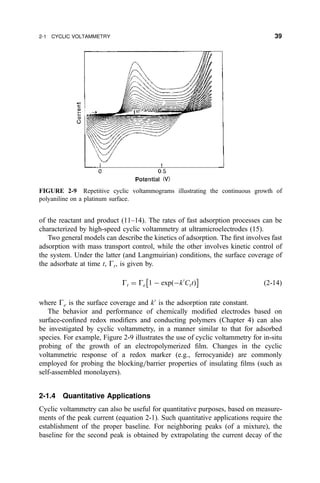 of the reactant and product (11±14). The rates of fast adsorption processes can be
characterized by high-speed cyclic voltammetry at ultramicroelectrodes (15).
Two general models can describe the kinetics of adsorption. The ®rst involves fast
adsorption with mass transport control, while the other involves kinetic control of
the system. Under the latter (and Langmuirian) conditions, the surface coverage of
the adsorbate at time t, Gt, is given by.
Gt ˆ Ge 1 À exp…ÀkH
Ctt†
Â Ã
…2-14†
where Ge is the surface coverage and kH
is the adsorption rate constant.
The behavior and performance of chemically modi®ed electrodes based on
surface-con®ned redox modi®ers and conducting polymers (Chapter 4) can also
be investigated by cyclic voltammetry, in a manner similar to that for adsorbed
species. For example, Figure 2-9 illustrates the use of cyclic voltammetry for in-situ
probing of the growth of an electropolymerized ®lm. Changes in the cyclic
voltammetric response of a redox marker (e.g., ferrocyanide) are commonly
employed for probing the blocking=barrier properties of insulating ®lms (such as
self-assembled monolayers).
2-1.4 Quantitative Applications
Cyclic voltammetry can also be useful for quantitative purposes, based on measure-
ments of the peak current (equation 2-1). Such quantitative applications require the
establishment of the proper baseline. For neighboring peaks (of a mixture), the
baseline for the second peak is obtained by extrapolating the current decay of the
FIGURE 2-9 Repetitive cyclic voltammograms illustrating the continuous growth of
polyaniline on a platinum surface.
2-1 CYCLIC VOLTAMMETRY 39
 