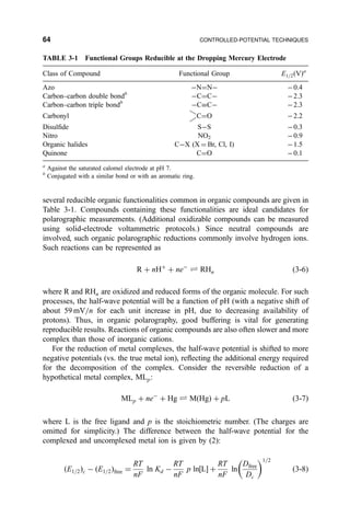 several reducible organic functionalities common in organic compounds are given in
Table 3-1. Compounds containing these functionalities are ideal candidates for
polarographic measurements. (Additional oxidizable compounds can be measured
using solid-electrode voltammetric protocols.) Since neutral compounds are
involved, such organic polarographic reductions commonly involve hydrogen ions.
Such reactions can be represented as
R ‡ nH‡
‡ neÀ
„ RHn …3-6†
where R and RHn are oxidized and reduced forms of the organic molecule. For such
processes, the half-wave potential will be a function of pH (with a negative shift of
about 59 mV=n for each unit increase in pH, due to decreasing availability of
protons). Thus, in organic polarography, good buffering is vital for generating
reproducible results. Reactions of organic compounds are also often slower and more
complex than those of inorganic cations.
For the reduction of metal complexes, the half-wave potential is shifted to more
negative potentials (vs. the true metal ion), re¯ecting the additional energy required
for the decomposition of the complex. Consider the reversible reduction of a
hypothetical metal complex, MLp:
MLp ‡ neÀ
‡ Hg „ M…Hg† ‡ pL …3-7†
where L is the free ligand and p is the stoichiometric number. (The charges are
omitted for simplicity.) The difference between the half-wave potential for the
complexed and uncomplexed metal ion is given by (2):
…E1=2†c À …E1=2†free ˆ
RT
nF
ln Kd À
RT
nF
p ln‰LŠ ‡
RT
nF
ln
Dfree
Dc
 1=2
…3-8†
TABLE 3-1 Functional Groups Reducible at the Dropping Mercury Electrode
Class of Compound Functional Group E1=2…V†a
Azo ÀNˆNÀ À0.4
Carbon±carbon double bondb
ÀCˆCÀ À2.3
Carbon±carbon triple bondb
ÀCCÀ À2.3
Carbonyl CˆO À2.2
Disul®de SÀS À0.3
Nitro NO2 À0.9
Organic halides CÀX (X ˆ Br, Cl, I) À1.5
Quinone CˆO À0.1
a
Against the saturated calomel electrode at pH 7.
b
Conjugated with a similar bond or with an aromatic ring.
64 CONTROLLED-POTENTIAL TECHNIQUES
 