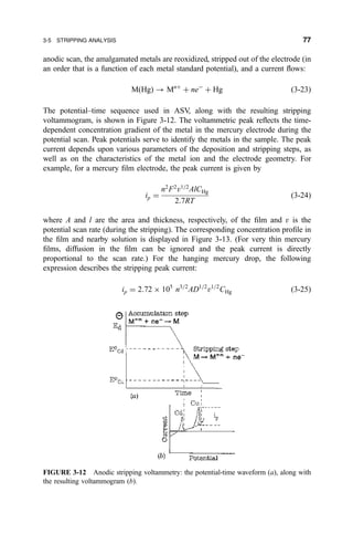 anodic scan, the amalgamated metals are reoxidized, stripped out of the electrode (in
an order that is a function of each metal standard potential), and a current ¯ows:
M…Hg† 3 Mn‡
‡ neÀ
‡ Hg …3-23†
The potential±time sequence used in ASV, along with the resulting stripping
voltammogram, is shown in Figure 3-12. The voltammetric peak re¯ects the time-
dependent concentration gradient of the metal in the mercury electrode during the
potential scan. Peak potentials serve to identify the metals in the sample. The peak
current depends upon various parameters of the deposition and stripping steps, as
well as on the characteristics of the metal ion and the electrode geometry. For
example, for a mercury ®lm electrode, the peak current is given by
ip ˆ
n2
F2
v1=2
AlCHg
2:7RT
…3-24†
where A and l are the area and thickness, respectively, of the ®lm and v is the
potential scan rate (during the stripping). The corresponding concentration pro®le in
the ®lm and nearby solution is displayed in Figure 3-13. (For very thin mercury
®lms, diffusion in the ®lm can be ignored and the peak current is directly
proportional to the scan rate.) For the hanging mercury drop, the following
expression describes the stripping peak current:
ip ˆ 2:72 Â 105
n3=2
AD1=2
v1=2
CHg …3-25†
FIGURE 3-12 Anodic stripping voltammetry: the potential-time waveform …a†, along with
the resulting voltammogram …b†.
3-5 STRIPPING ANALYSIS 77
 