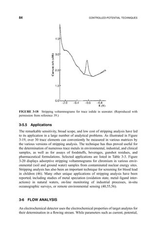 3-5.5 Applications
The remarkable sensitivity, broad scope, and low cost of stripping analysis have led
to its application in a large number of analytical problems. As illustrated in Figure
3-19, over 30 trace elements can conveniently be measured in various matrices by
the various versions of stripping analysis. The technique has thus proved useful for
the determination of numerous trace metals in environmental, industrial, and clinical
samples, as well as for assays of foodstuffs, beverages, gunshot residues, and
pharmaceutical formulations. Selected applications are listed in Table 3-3. Figure
3-20 displays adsorptive stripping voltammograms for chromium in various envir-
onmental (soil and ground water) samples from contaminated nuclear energy sites.
Stripping analysis has also been an important technique for screening for blood lead
in children (46). Many other unique applications of stripping analysis have been
reported, including studies of metal speciation (oxidation state, metal±ligand inter-
actions) in natural waters, on-line monitoring of industrial processes, in-situ
oceanographic surveys, or remote environmental sensing (40,55,56).
3-6 FLOW ANALYSIS
An electrochemical detector uses the electrochemical properties of target analytes for
their determination in a ¯owing stream. While parameters such as current, potential,
FIGURE 3-18 Stripping voltammograms for trace iodide in seawater. (Reproduced with
permission from reference 39.)
84 CONTROLLED-POTENTIAL TECHNIQUES
 