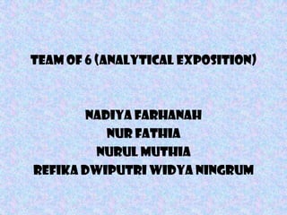 Team of 6 (Analytical Exposition)



        Nadiya Farhanah
           Nur Fathia
         NuRUL MUTHIA
REFIKA DWIPUTRI WIDYA NINGRUM
 