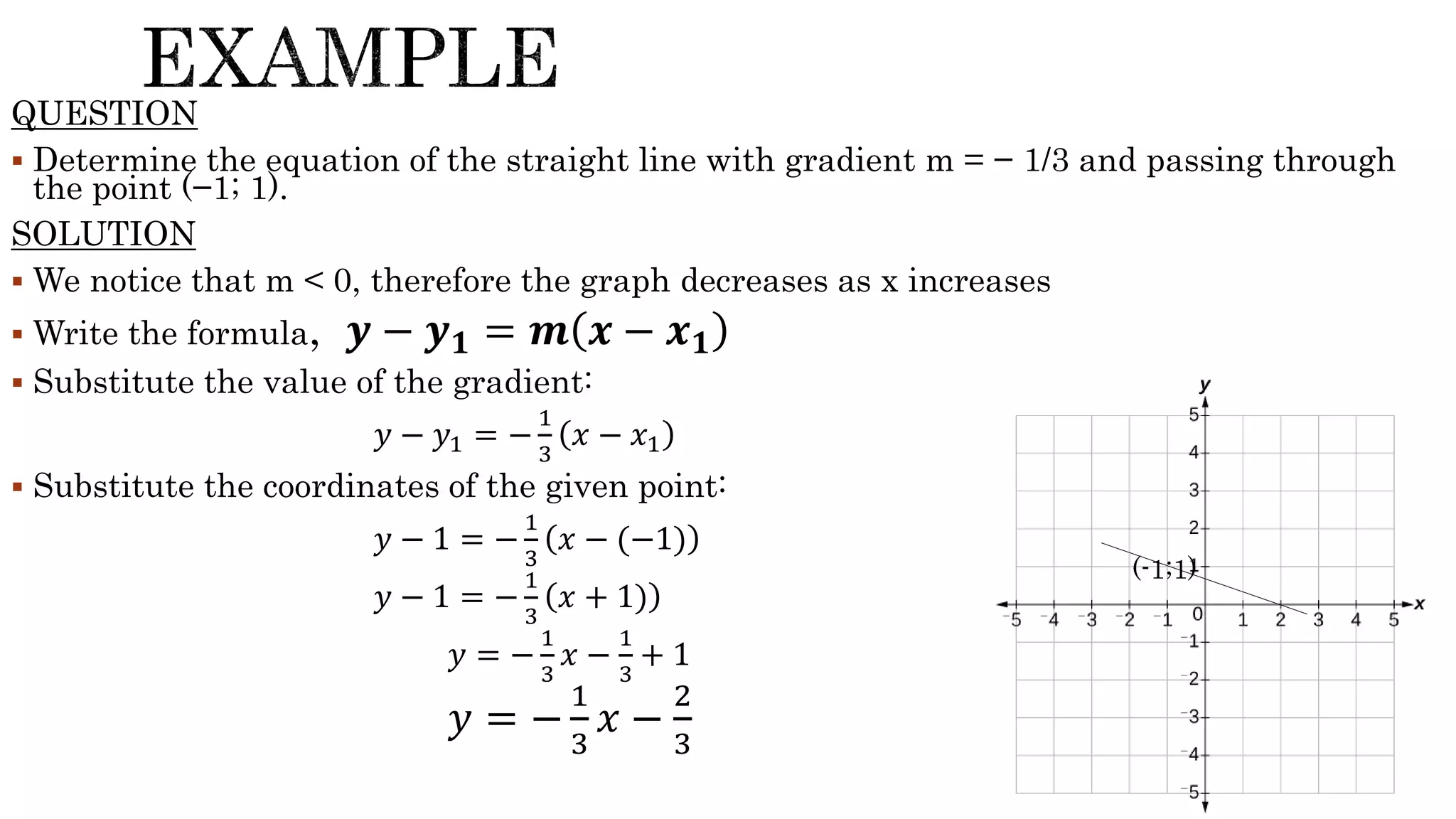 QUESTION
 Determine the equation of the straight line with gradient m = − 1/3 and passing through
the point (−1; 1).
SOLUTION
 We notice that m < 0, therefore the graph decreases as x increases
 Write the formula, 𝒚 − 𝒚 𝟏 = 𝒎 𝒙 − 𝒙 𝟏
 Substitute the value of the gradient:
𝑦 − 𝑦1 = −
1
3
𝑥 − 𝑥1
 Substitute the coordinates of the given point:
𝑦 − 1 = −
1
3
𝑥 − (−1)
𝑦 − 1 = −
1
3
𝑥 + 1)
𝑦 = −
1
3
𝑥 −
1
3
+ 1
𝑦 = −
1
3
𝑥 −
2
3
(-1;1)
 