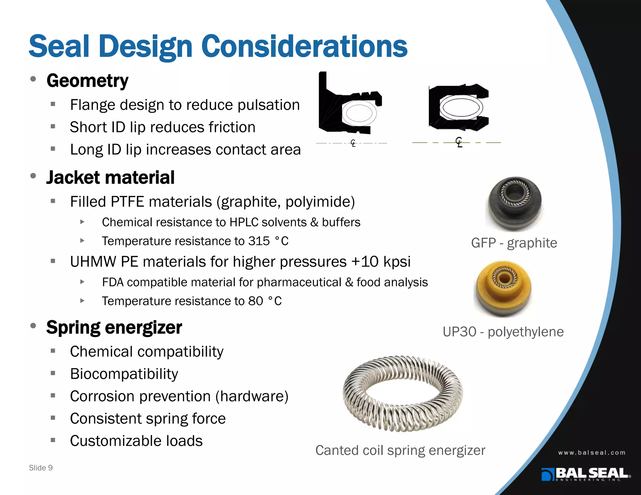 Slide 9
• Geometry
 Flange design to reduce pulsation
 Short ID lip reduces friction
 Long ID lip increases contact area
• Jacket material
 Filled PTFE materials (graphite, polyimide)
 Chemical resistance to HPLC solvents & buffers
 Temperature resistance to 315 °C
 UHMW PE materials for higher pressures +10 kpsi
 FDA compatible material for pharmaceutical & food analysis
 Temperature resistance to 80 °C
• Spring energizer
 Chemical compatibility
 Biocompatibility
 Corrosion prevention (hardware)
 Consistent spring force
 Customizable loads
Seal Design Considerations
LC
GFP - graphite
UP30 - polyethylene
Canted coil spring energizer
 