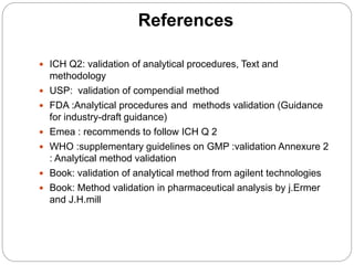 References
 ICH Q2: validation of analytical procedures, Text and
methodology
 USP: validation of compendial method
 FDA :Analytical procedures and methods validation (Guidance
for industry-draft guidance)
 Emea : recommends to follow ICH Q 2
 WHO :supplementary guidelines on GMP :validation Annexure 2
: Analytical method validation
 Book: validation of analytical method from agilent technologies
 Book: Method validation in pharmaceutical analysis by j.Ermer
and J.H.mill
 