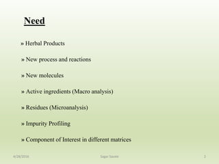 Need
» Herbal Products
» New process and reactions
» New molecules
» Active ingredients (Macro analysis)
» Residues (Microanalysis)
» Impurity Profiling
» Component of Interest in different matrices
24/28/2016 Sagar Savale
 
