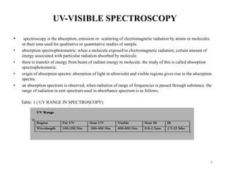 UV-VISIBLE SPECTROSCOPY
• spectroscopy is the absorption, emission or scattering of electromagnetic radiation by atoms or molecules
or their ions used for qualitative or quantitative studies of sample.
• absorption spectrophotometric: when a molecule exposed to electromagnetic radiation, certain amount of
energy associated with particular radiation absorbed by molecule.
• there is transfer of energy from beam of radiant energy to molecule. the study of this is called absorption
spectrophotometric.
• origin of absorption spectra: absorption of light in ultraviolet and visible regions gives rise to the absorption
spectra.
• an absorption spectrum is observed, when radiation of range of frequencies is passed through substance. the
range of radiation in emr spectrum used in absorbance spectrum is as follows.
8
Table: 1 ( UV RANGE IN SPECTROSCOPY)
 