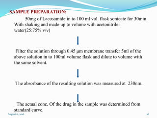SAMPLE PREPARATION:
50mg of Lacosamide in to 100 ml vol. flask sonicate for 30min.
With shaking and made up to volume with acetonitrile:
water(25:75% v/v)
Filter the solution through 0.45 μm membrane transfer 5ml of the
above solution in to 100ml volume flask and dilute to volume with
the same solvent.
The absorbance of the resulting solution was measured at 230nm.
The actual conc. Of the drug in the sample was determined from
standard curve.
August 6, 2016 26
 