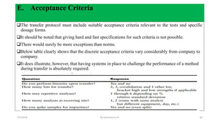 E. Acceptance Criteria
The transfer protocol must include suitable acceptance criteria relevant to the tests and specific
dosage forms.
It should be noted that giving hard and fast specifications for such criteria is not possible.
There would surely be more exceptions than norms.
Below table clearly shows that the discrete acceptance criteria vary considerably from company to
company.
It does illustrate, however, that having systems in place to challenge the performance of a method
during transfer is absolutely required.
7/2/2018 By Gemmechu.H 20
 