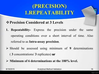 (PRECISION)
1.REPEATABILITY
Precision Considered at 3 Levels
1. Repeatability- Express the precision under the same
operating conditions over a short interval of time. Also
referred to as Intra-assay precision.
Should be assessed using minimum of 9 determinations
( 3 concentrations/ 3 replicates) or
Minimum of 6 determinations at the 100% level.
8/19/2015 Analytical Method Validation 16
 