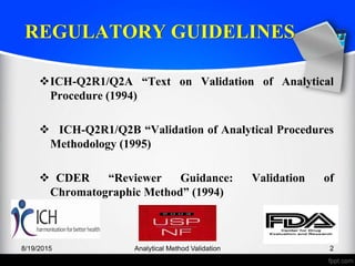 REGULATORY GUIDELINES
ICH-Q2R1/Q2A “Text on Validation of Analytical
Procedure (1994)
ICH-Q2R1/Q2B “Validation of Analytical Procedures
Methodology (1995)
CDER “Reviewer Guidance: Validation of
Chromatographic Method” (1994)
8/19/2015 2Analytical Method Validation
 