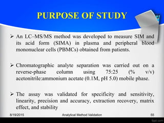 PURPOSE OF STUDY
An LC–MS/MS method was developed to measure SIM and
its acid form (SIMA) in plasma and peripheral blood
mononuclear cells (PBMCs) obtained from patients.
Chromatographic analyte separation was carried out on a
reverse-phase column using 75:25 (% v/v)
acetonitrile:ammonium acetate (0.1M, pH 5.0) mobile phase.
The assay was validated for specificity and sensitivity,
linearity, precision and accuracy, extraction recovery, matrix
effect, and stability
8/19/2015 Analytical Method Validation 55
 