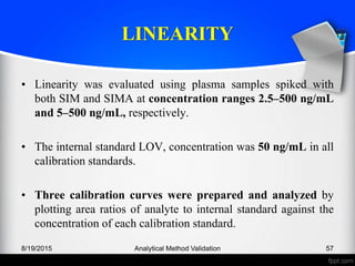LINEARITY
• Linearity was evaluated using plasma samples spiked with
both SIM and SIMA at concentration ranges 2.5–500 ng/mL
and 5–500 ng/mL, respectively.
• The internal standard LOV, concentration was 50 ng/mL in all
calibration standards.
• Three calibration curves were prepared and analyzed by
plotting area ratios of analyte to internal standard against the
concentration of each calibration standard.
8/19/2015 Analytical Method Validation 57
 