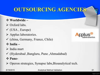 OUTSOURCING AGENCIES
Worldwide –
Oxford labs.
(USA , Europe)
Applus laboratories.
(china, Germany, France, Chile)
India –
India mart
(Hyderabad ,Bangluru, Pune ,Ahmadabad)
Pune-
Operon strategies, Synapse labs,Bioanalytical tech.
8/19/2015 Analytical Method Validation 61
 