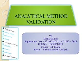 ANALYTICAL METHOD
VALIDATION
-By
Subhasish Das
Registration No. – 121932310012 of 2012 – 2013
Roll No. – 19320712001
Course – M. Pharm
Stream – Pharmaceutical Analysis
 