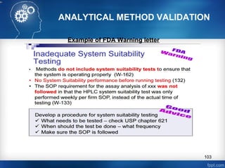 ANALYTICAL METHOD VALIDATION
Example of FDA Warning letter
103
 