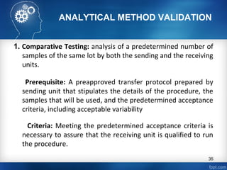 ANALYTICAL METHOD VALIDATION
1. Comparative Testing: analysis of a predetermined number of
samples of the same lot by both the sending and the receiving
units.
Prerequisite: A preapproved transfer protocol prepared by
sending unit that stipulates the details of the procedure, the
samples that will be used, and the predetermined acceptance
criteria, including acceptable variability
Criteria: Meeting the predetermined acceptance criteria is
necessary to assure that the receiving unit is qualified to run
the procedure.
35
 