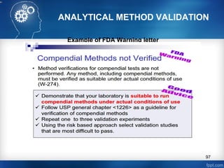 ANALYTICAL METHOD VALIDATION
Example of FDA Warning letter
97
 
