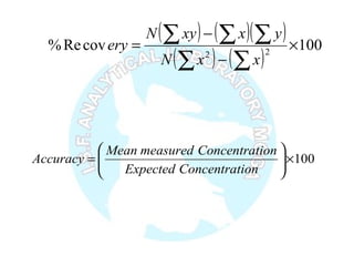 ( ) ( )( )
( ) ( )
100covRe% 22
×
−
−
=
∑∑
∑∑∑
xxN
yxxyN
ery
100×





=
ionConcentratExpected
ionConcentratmeasuredMean
Accuracy
 