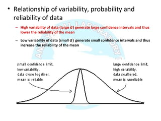 • Relationship of variability, probability and
reliability of data
– High variability of data (large σ) generate large confidence intervals and thus
lower the reliability of the mean
– Low variability of data (small σ) generate small confidence intervals and thus
increase the reliability of the mean
 