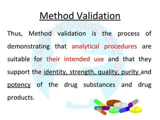 Method Validation
Thus, Method validation is the process of
demonstrating that analytical procedures are
suitable for their intended use and that they
support the identity, strength, quality, purity and
potency of the drug substances and drug
products.
 