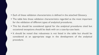 • Each of these validation characteristics is defined in the attached Glossary.
• The table lists those validation characteristics regarded as the most important
for the validation of different types of analytical procedures.
• This list should be considered typical for the analytical procedures cited but
occasional exceptions should be dealt with on a case-by-case basis.
• It should be noted that robustness is not listed in the table but should be
considered at an appropriate stage in the development of the analytical
procedure.
 
