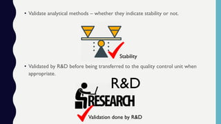 • Validate analytical methods – whether they indicate stability or not.
Stability
• Validated by R&D before being transferred to the quality control unit when
appropriate.
R&D
Validation done by R&D
 