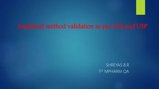 Analytical method validation as per ICH and USP
SHREYAS B.R
1ST MPHARM QA
 