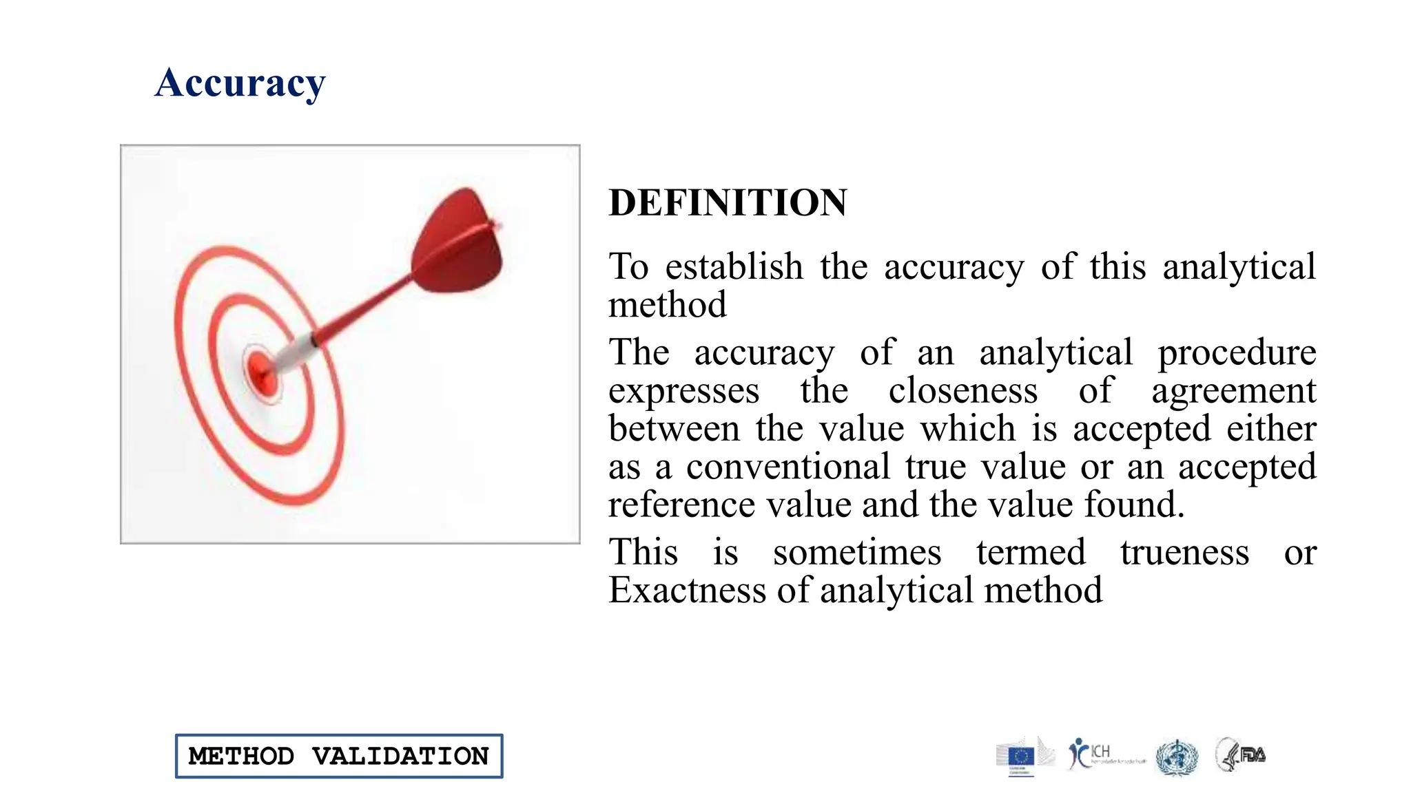 METHOD VALIDATION
Accuracy
DEFINITION
To establish the accuracy of this analytical
method
The accuracy of an analytical procedure
expresses the closeness of agreement
between the value which is accepted either
as a conventional true value or an accepted
reference value and the value found.
This is sometimes termed trueness or
Exactness of analytical method
 