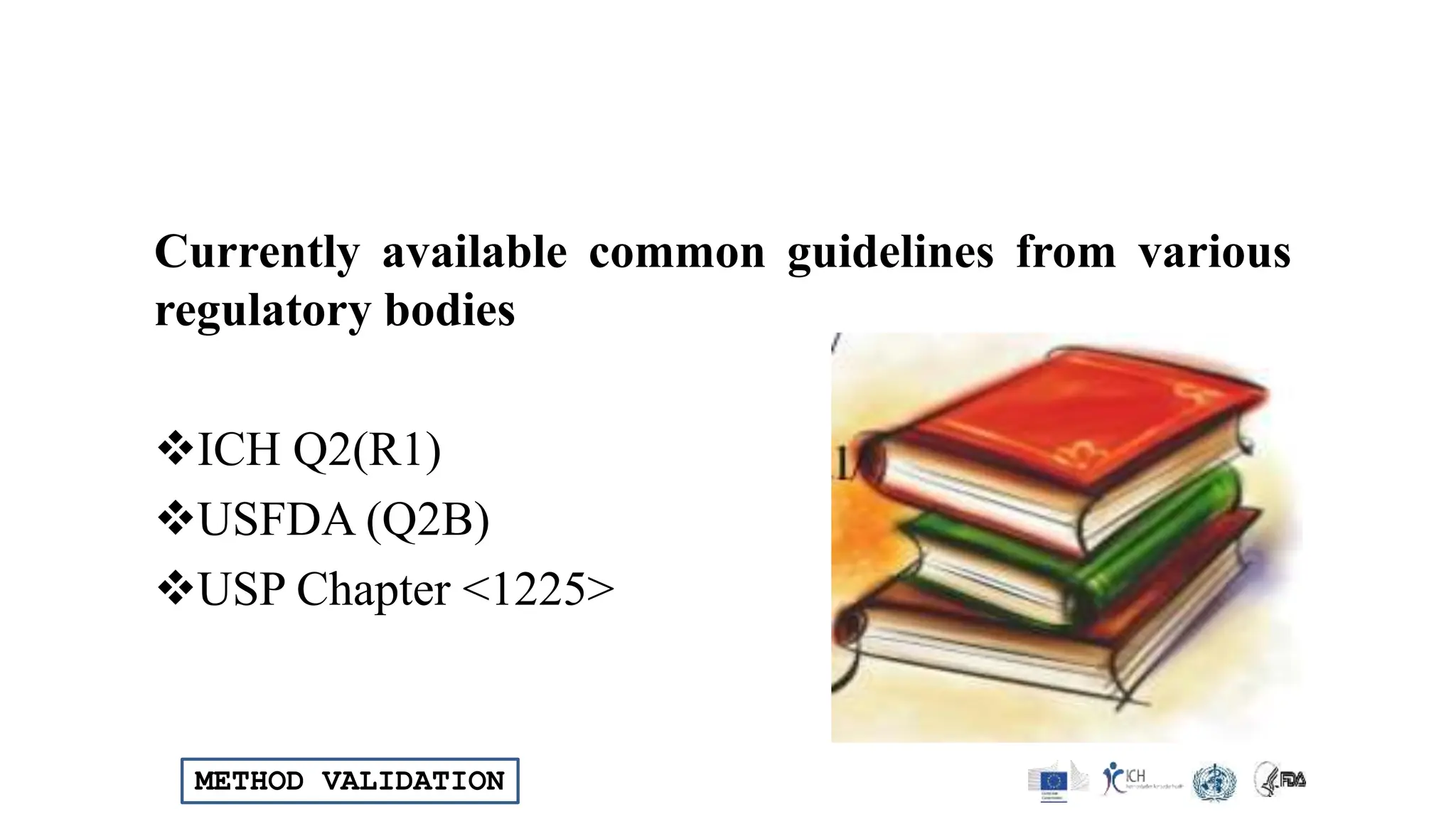 METHOD VALIDATION
Currently available common guidelines from various
regulatory bodies
ICH Q2(R1)
USFDA (Q2B)
USP Chapter <1225>
 