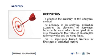 METHOD VALIDATION
Accuracy
DEFINITION
To establish the accuracy of this analytical
method
The accuracy of an analytical procedure
expresses the closeness of agreement
between the value which is accepted either
as a conventional true value or an accepted
reference value and the value found.
This is sometimes termed trueness or
Exactness of analytical method
 