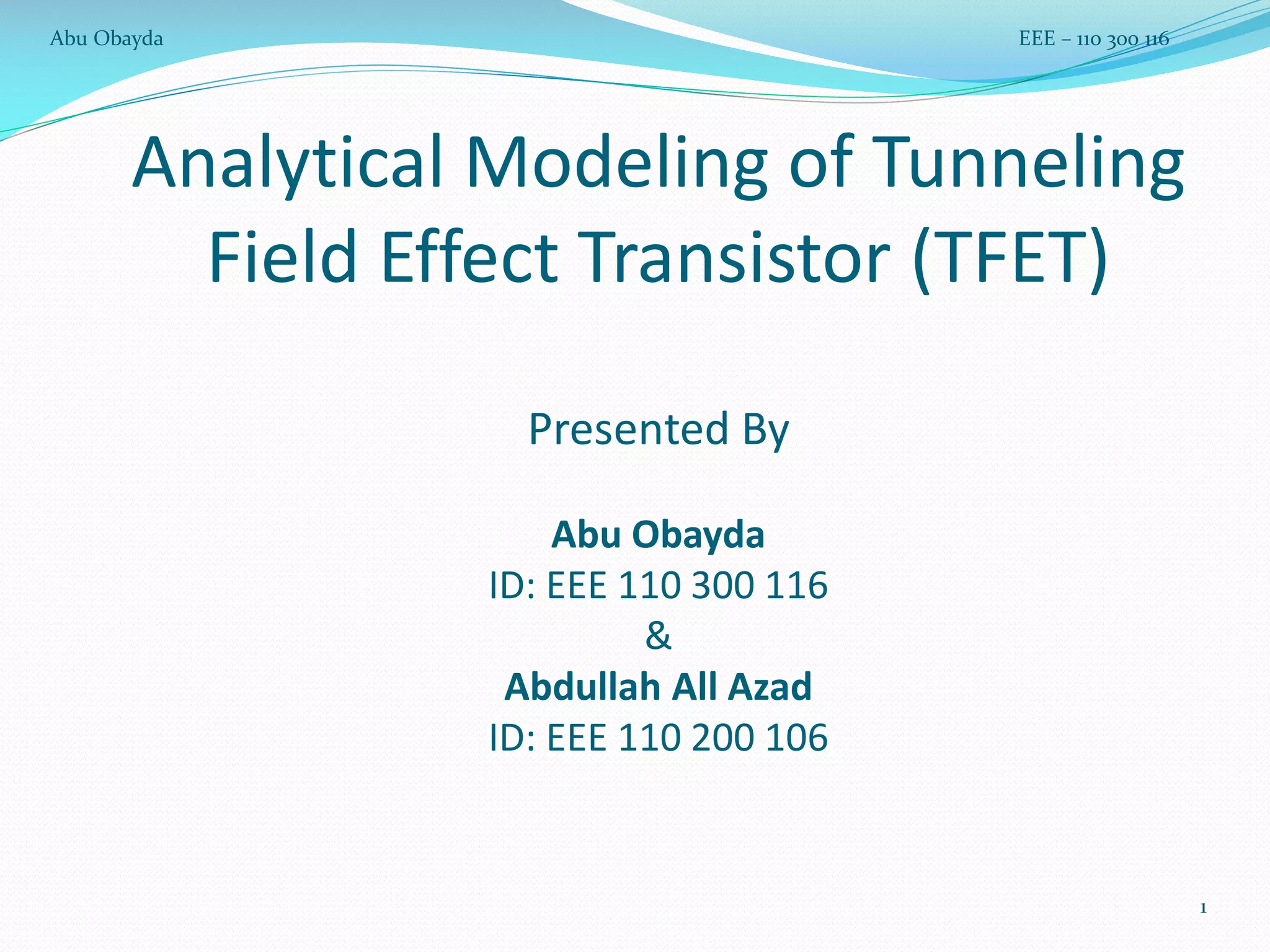 Analytical Modeling of Tunneling Field Effect Transistor (TFET) | PDF ...