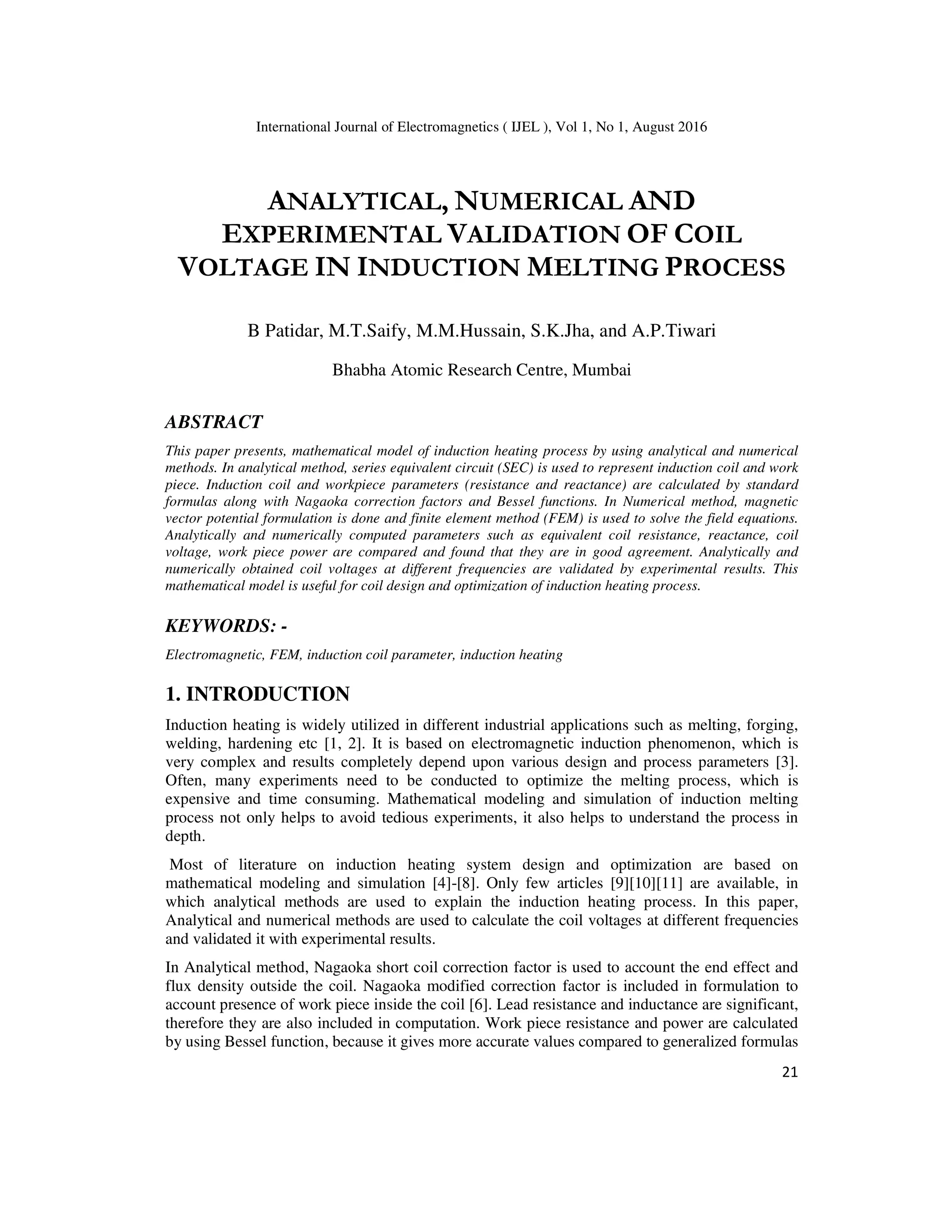 Analytical, Numerical and Experimental Validation of Coil Voltage in ...