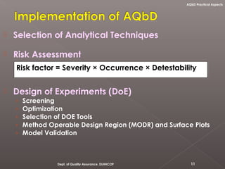  Selection of Analytical Techniques
 Risk Assessment
 Design of Experiments (DoE)
› Screening
› Optimization
› Selection of DOE Tools
› Method Operable Design Region (MODR) and Surface Plots
› Model Validation
Risk factor = Severity × Occurrence × Detestability
11Dept. of Quality Assurance, DLHHCOP
AQbD Practical Aspects
 