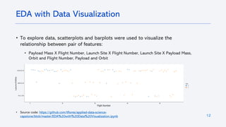 • To explore data, scatterplots and barplots were used to visualize the
relationship between pair of features:
• Payload Mass X Flight Number, Launch Site X Flight Number, Launch Site X Payload Mass,
Orbit and Flight Number, Payload and Orbit
• Source code: https://github.com/tflores/applied-data-science-
capstone/blob/master/EDA%20with%20Data%20Visualization.ipynb 12
EDA with Data Visualization
 