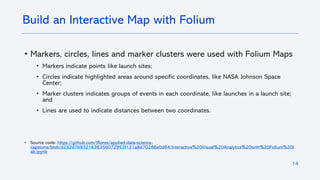 14
• Markers, circles, lines and marker clusters were used with Folium Maps
• Markers indicate points like launch sites;
• Circles indicate highlighted areas around specific coordinates, like NASA Johnson Space
Center;
• Marker clusters indicates groups of events in each coordinate, like launches in a launch site;
and
• Lines are used to indicate distances between two coordinates.
• Source code: https://github.com/tflores/applied-data-science-
capstone/blob/d232d76932163635b072952f121a8d70286e0d84/Interactive%20Visual%20Analytics%20with%20Folium%20l
ab.ipynb
Build an Interactive Map with Folium
 