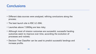 49
• Different data sources were analyzed, refining conclusions along the
process;
• The best launch site is KSC LC-39A;
• Launches above 7,000kg are less risky;
• Although most of mission outcomes are successful, successful landing
outcomes seem to improve over time, according the evolution of
processes and rockets;
• Decision Tree Classifier can be used to predict successful landings and
increase profits.
Conclusions
 