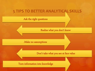 5 TIPS TO BETTER ANALYTICAL SKILLS 
Ask the right questions 
Realize what you don’t know 
.Make no assumptions 
Don’t take what you see at face value 
Turn information into knowledge 
 
