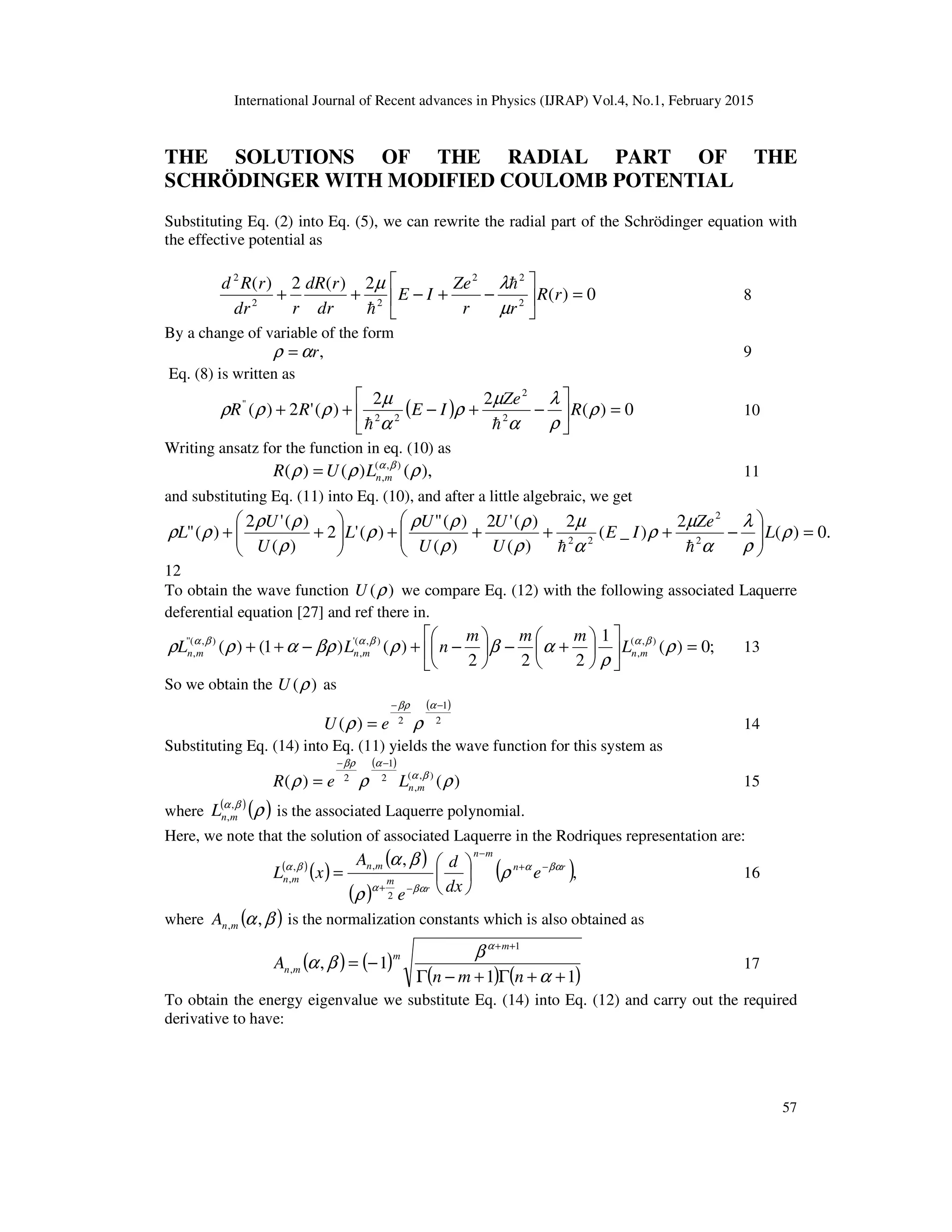 ANALYTICAL SOLUTIONS OF THE MODIFIED COULOMB POTENTIAL USING THE ...