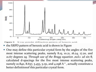  the XRPD pattern of benzoic acid is shown in Figure
 One may define this particular crystal form by the angles of the five
  most intense scattering peaks, namely 8.15, 10.21, 16.24, 17.20, and
  21.67 degrees 2q. Through use of the Bragg equation ,nzλ= 2d sin θ,
  calculated d-spacings for the five most intense scattering peaks,
  namely 10.840, 8.657, 5.453, 5.151, and 4.098 A ° , actually constitute a
  better definitionof this particular crystal form.
 