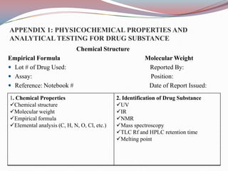 APPENDIX 1: PHYSICOCHEMICAL PROPERTIES AND
ANALYTICAL TESTING FOR DRUG SUBSTANCE
                            Chemical Structure
Empirical Formula                                       Molecular Weight
 Lot # of Drug Used:                                    Reported By:
 Assay:                                                 Position:
 Reference: Notebook #                                  Date of Report Issued:
1. Chemical Properties                       2. Identification of Drug Substance
Chemical structure                          UV
Molecular weight                            IR
Empirical formula                           NMR
Elemental analysis (C, H, N, O, Cl, etc.)   Mass spectroscopy
                                             TLC Rf and HPLC retention time
                                             Melting point
 