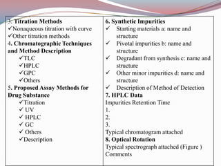 3. Titration Methods               6. Synthetic Impurities
Nonaqueous titration with curve    Starting materials a: name and
Other titration methods               structure
4. Chromatographic Techniques       Pivotal impurities b: name and
and Method Description                 structure
     TLC                           Degradant from synthesis c: name and
     HPLC                             structure
     GPC                           Other minor impurities d: name and
     Others                           structure
5. Proposed Assay Methods for       Description of Method of Detection
Drug Substance                     7. HPLC Data
     Titration                    Impurities Retention Time
      UV                          1.
      HPLC                        2.
      GC                          3.
      Others                      Typical chromatogram attached
     Description                  8. Optical Rotation
                                   Typical spectrograph attached (Figure )
                                   Comments
 