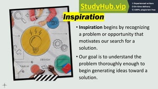 Inspiration
• Inspiration begins by recognizing
a problem or opportunity that
motivates our search for a
solution.
• Our goal is to understand the
problem thoroughly enough to
begin generating ideas toward a
solution.
 