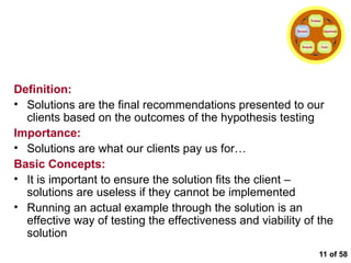  of 58 Developing the Solution Definition: Solutions are the final recommendations presented to our clients based on the outcomes of the hypothesis testing Importance: Solutions are what our clients pay us for… Basic Concepts: It is important to ensure the solution fits the client – solutions are useless if they cannot be implemented Running an actual example through the solution is an effective way of testing the effectiveness and viability of the solution Problem Hypothesis Facts Analysis Solution 