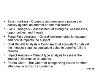  of 58 Analytical Techniques Benchmarking – Compare and measure a process or activity against an internal or external source SWOT Analysis – Assessment of strengths, weaknesses, opportunities, and threats  Force Field Analysis – Overall environmental landscape and how it impacts the subject Cost Benefit Analysis – Compare total equivalent costs (all the minuses) against equivalent value in benefits (all the pluses)  Impact Analysis – What if type analysis to assess the impact of change on an agency Pareto Chart – Bar Chart for categorizing issues or other attributes in terms of importance 